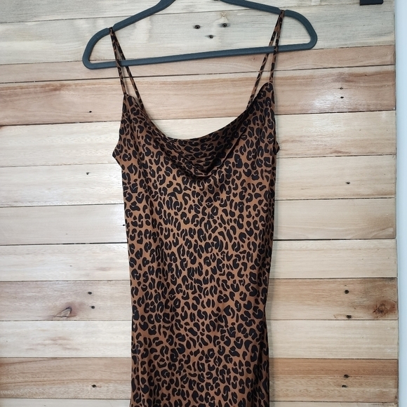 Good American Brown Black Chai Leopard Satin Midi Slip Dress woven Intimate - Picture 7 of 16
